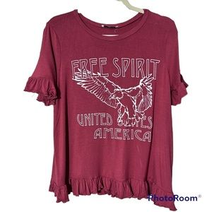 Emory Park Boho Brick Free Spirit USA Eagle Graphic Ruffle T Shirt Top L